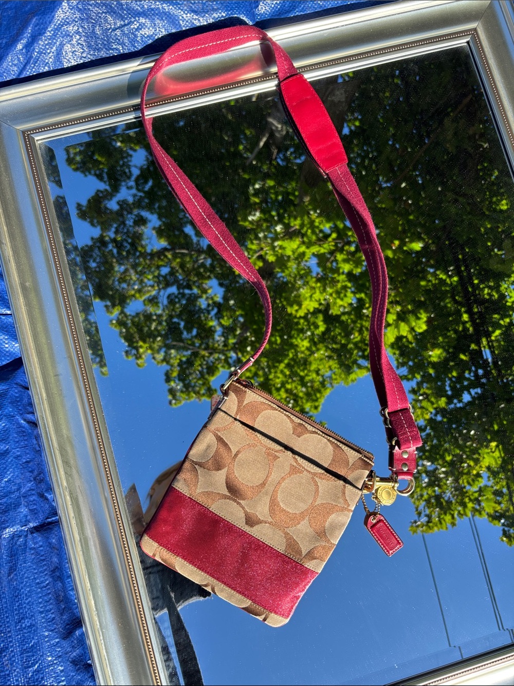 Coach Khaki Signature Crossbody with Red Suede Trim